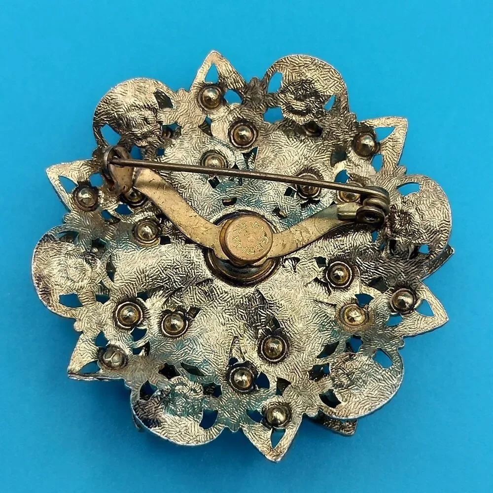 W. GERMANY Ornate Filigree Flower Brooch Pin 1.75